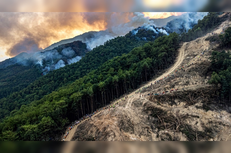 《重庆山火救援纪实 》2025-08-03，中国重庆，缙云山山火持续数日，重庆市民前来帮忙灭火。他们中一部分人在斜坡上排成人链，往山上的灭火一线运送水、食物、灭火器等物资。该年8月份，重庆市有28个区县最高温突破40℃，40℃以上高温时间为15.8天，十余起山火先后发生。